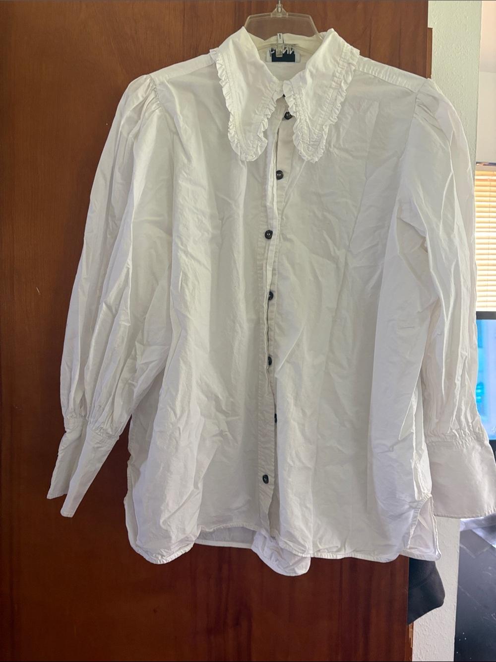 Ganni White Ruffled Collar Button-Front Blouse